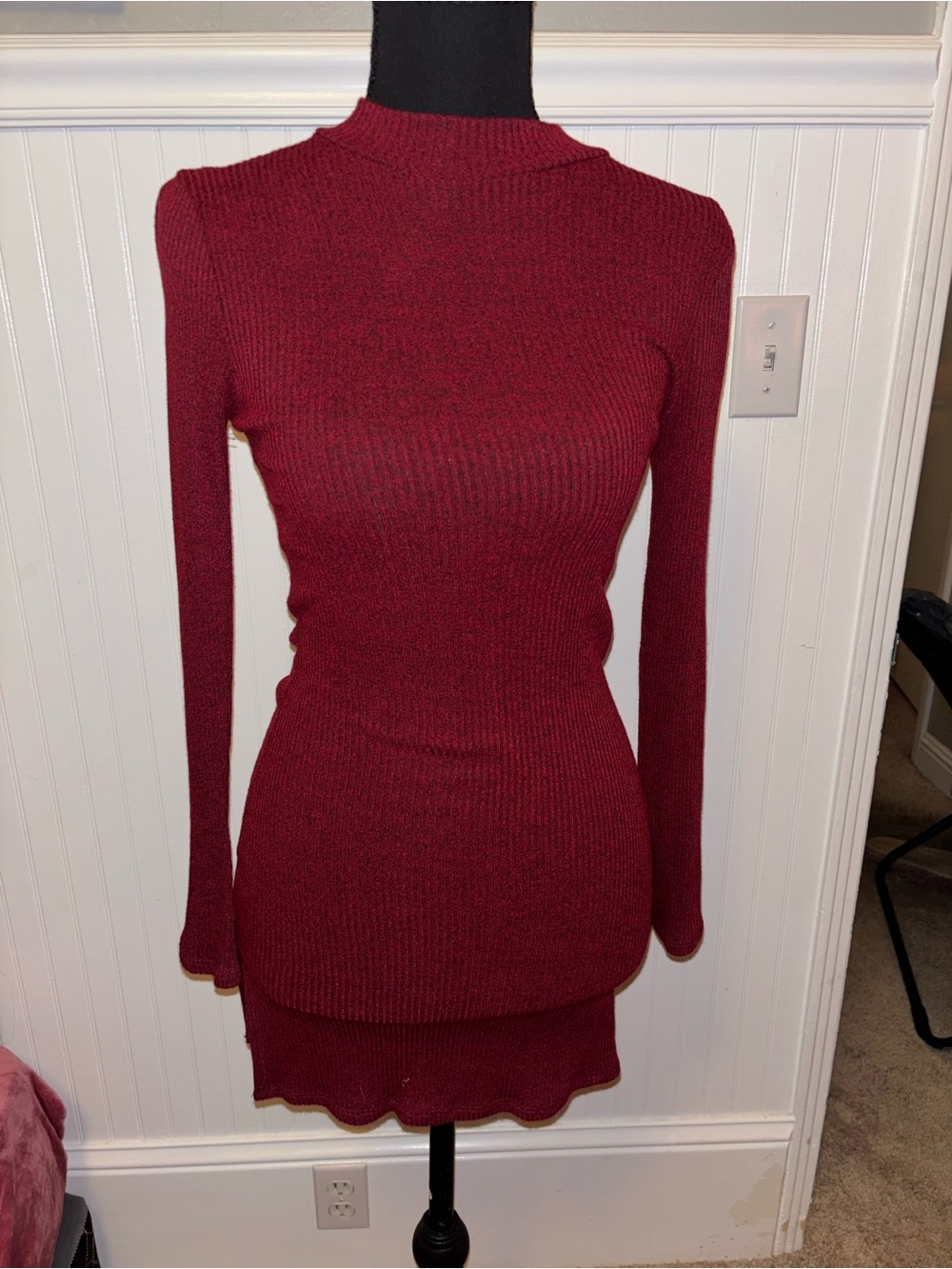 Ribbed Long-Sleeve Knit Dress in Burgundy